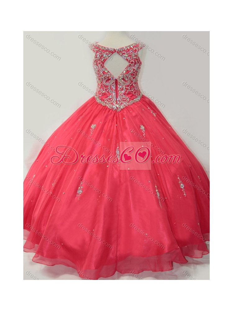Hot Sale Puffy Scoop Little Girl Party Dress with Beading in Coral Red