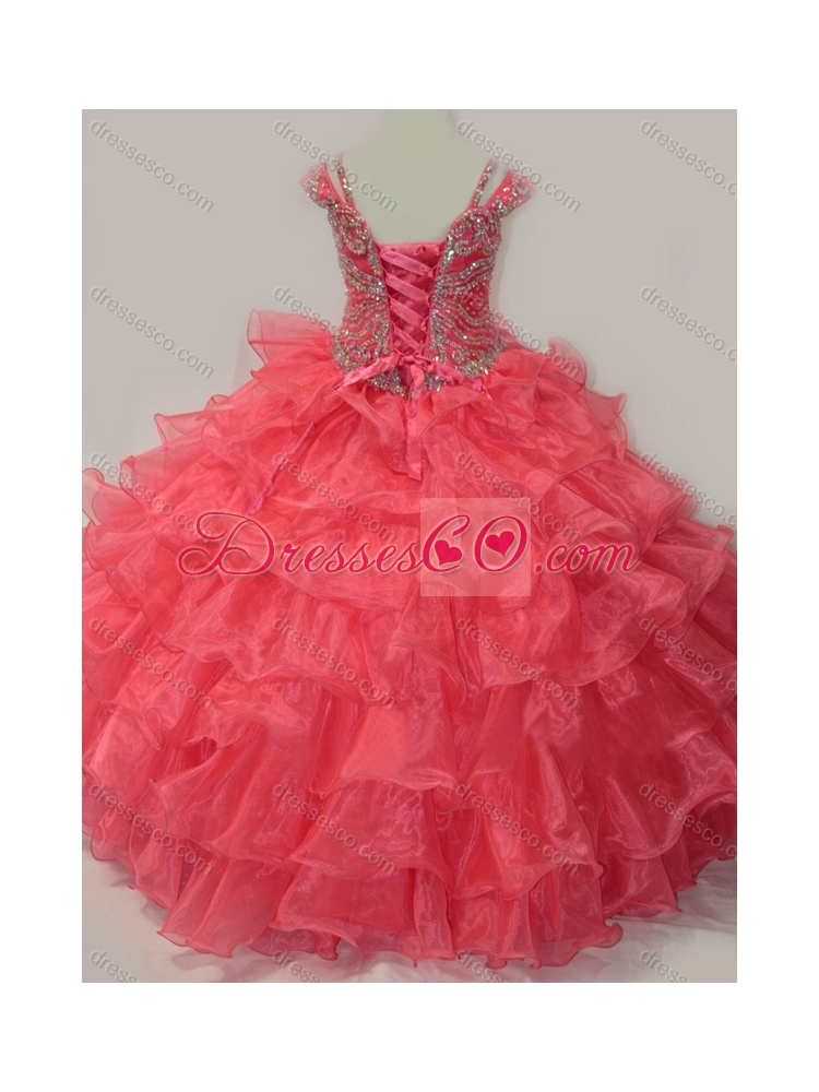 Perfect Beaded Little Girl Party Dress with Spaghetti Straps in Coral Red