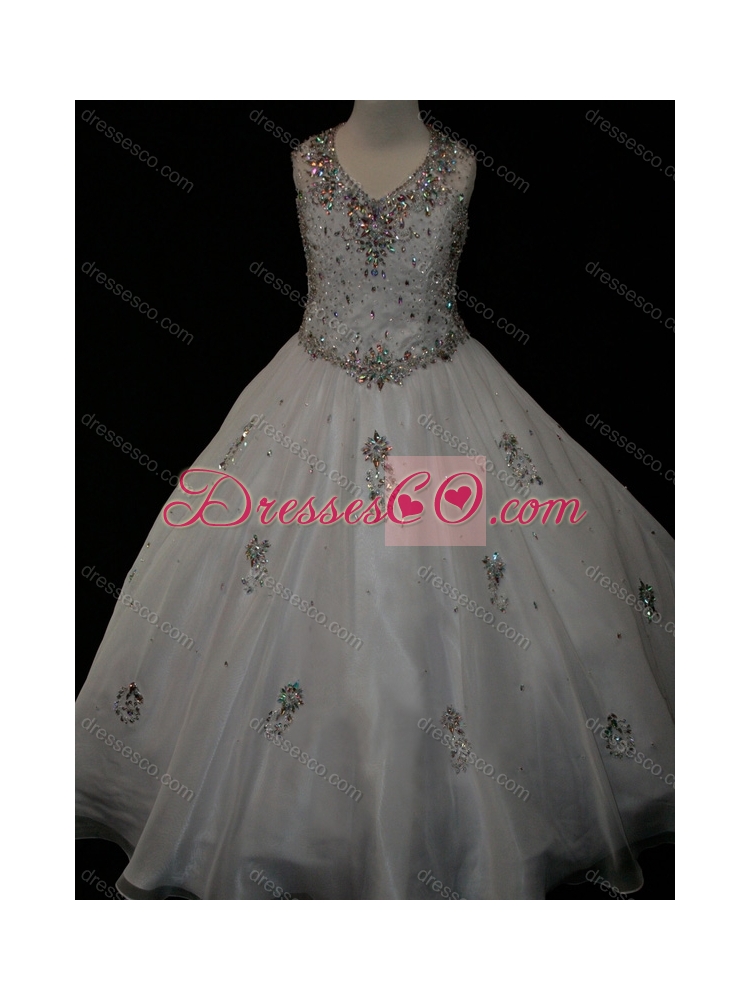 Pretty Ball Gown Beaded and Applique White Latest Flower Girl Dress in Organza