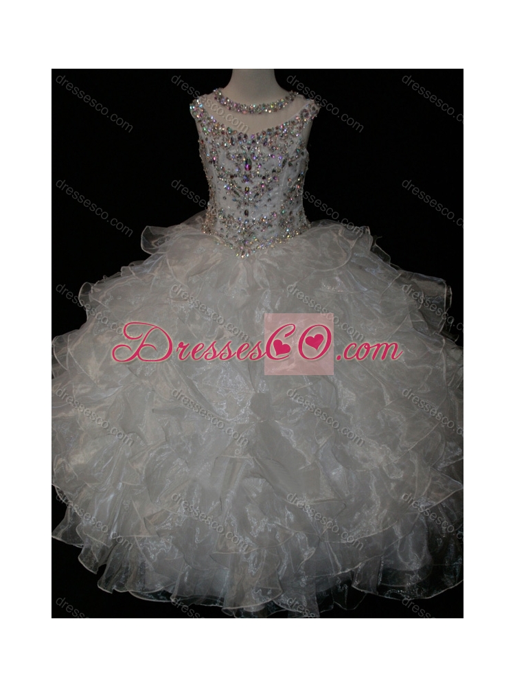 Princess Ball Gown Scoop Beaded Bodice Lace Up Flower Girl Dress in White