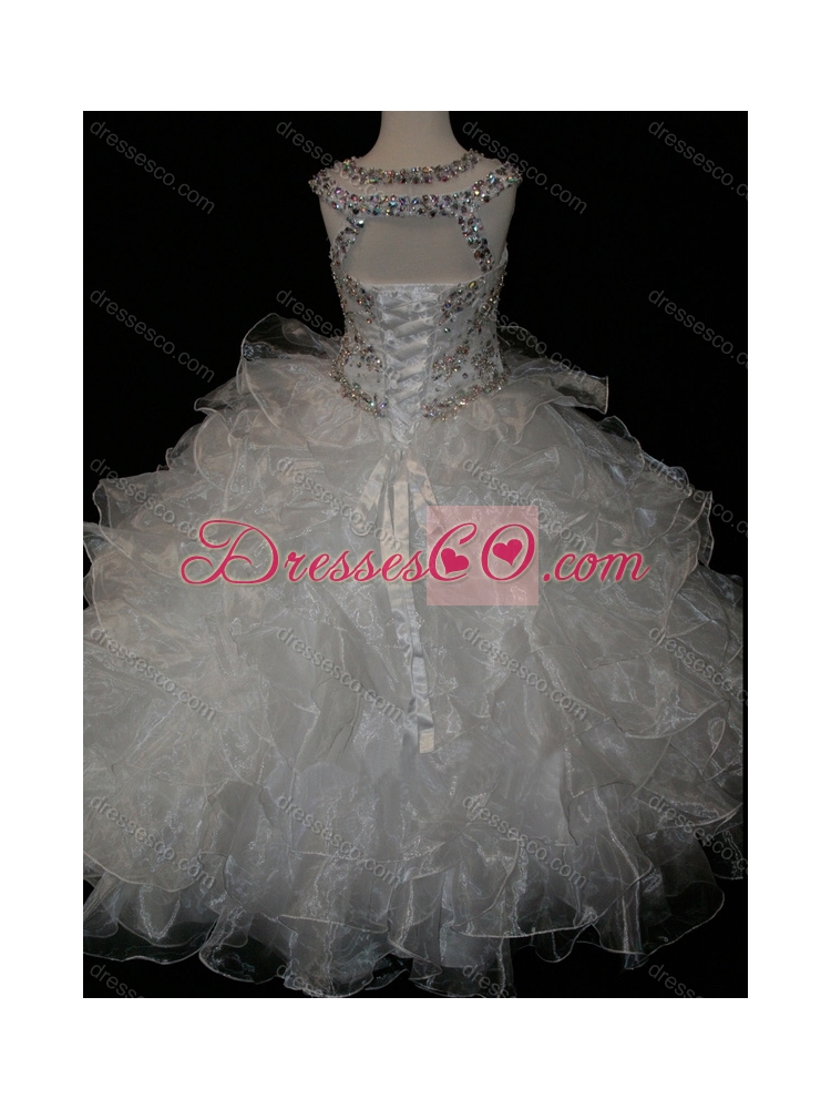Princess Ball Gown Scoop Beaded Bodice Lace Up Flower Girl Dress in White
