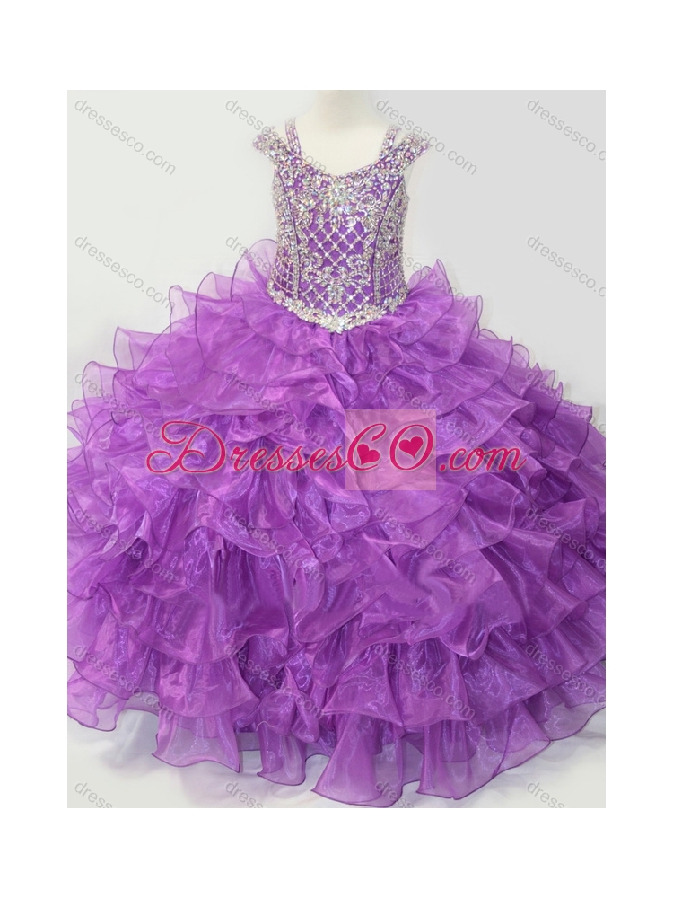 Puffy Skirt V-neck Lace Up Little Girl Party Dress with Straps and Ruffled Layers