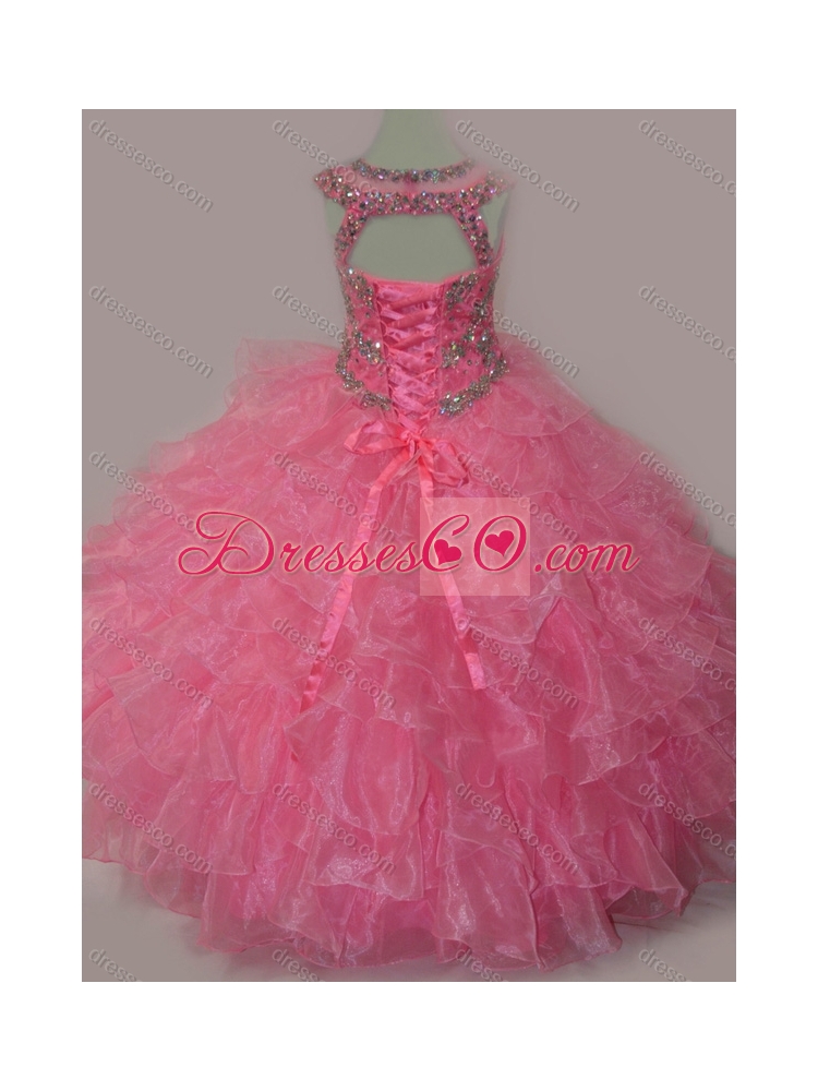 Rose Pink Ball Gown Scoop Beaded Bodice Lace Up Little Girl Pageant Dress
