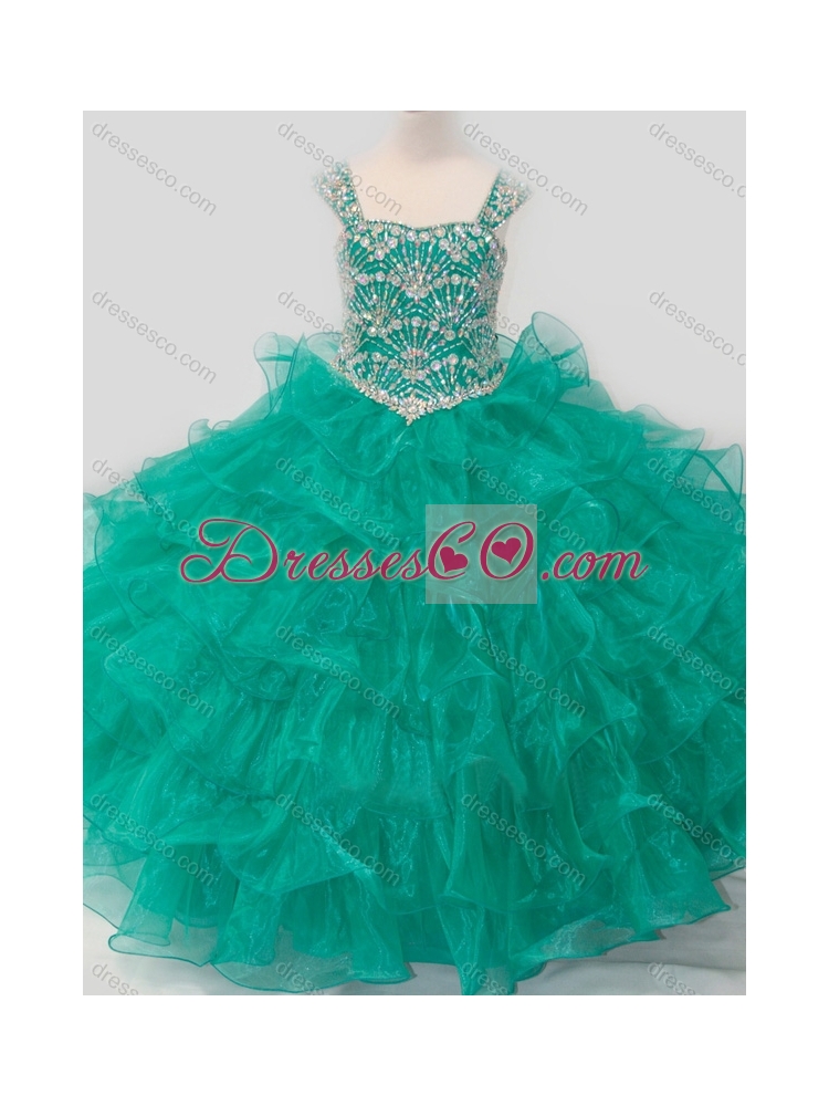 Top Princess Straps Organza Turquoise Lace Up Little Girl Party Dress with Beading