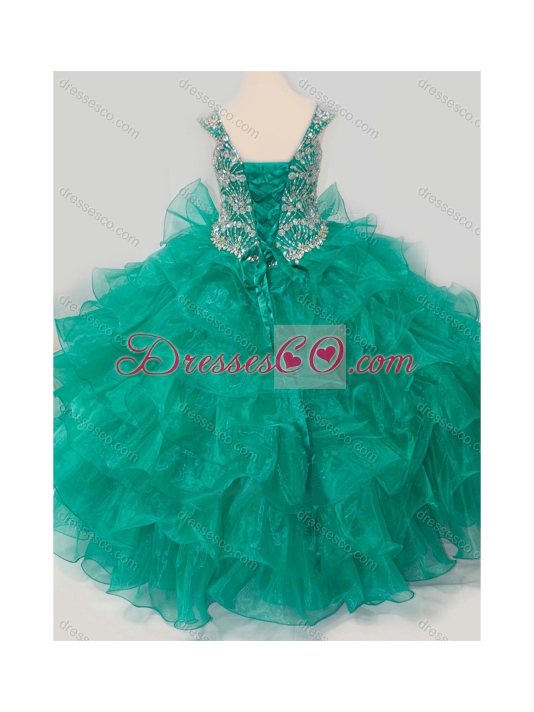 Top Princess Straps Organza Turquoise Lace Up Little Girl Party Dress with Beading