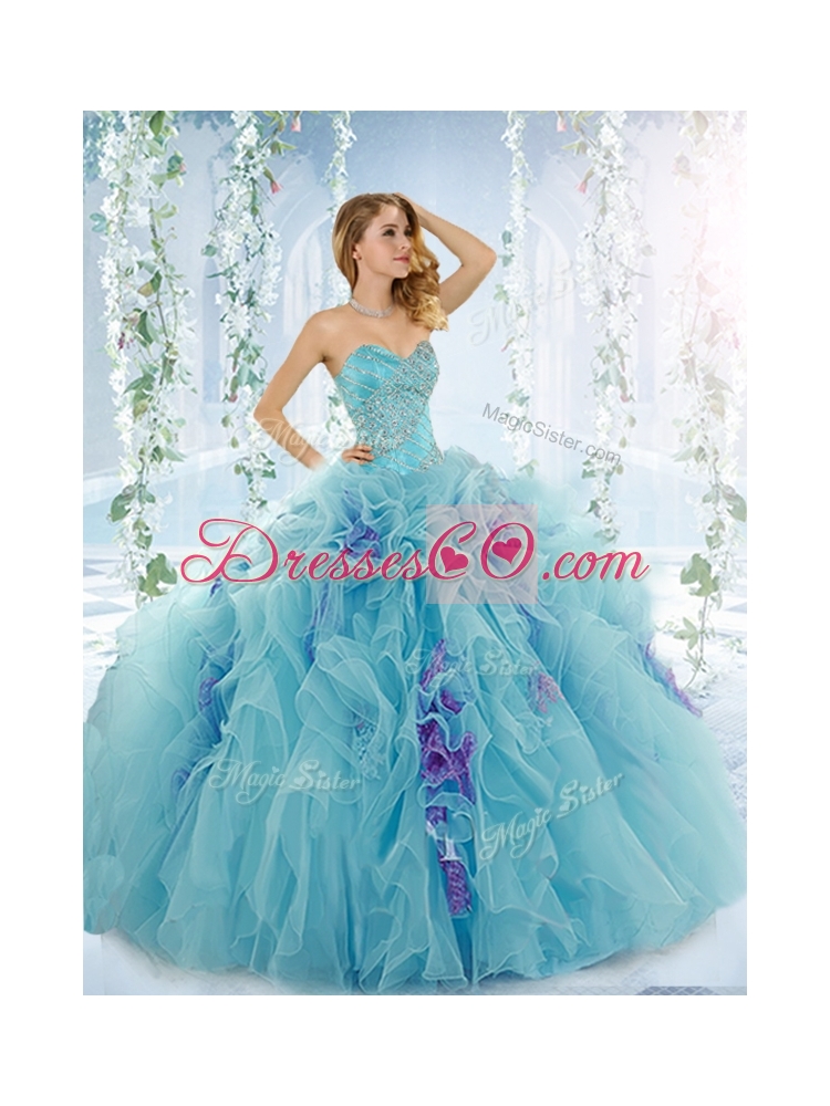 Low Price Aque Blue Detachable Quinceanera Gowns with Beading and Ruffles