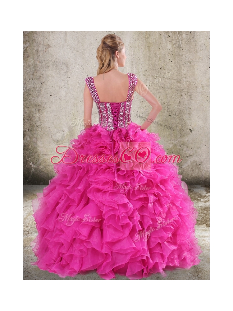 Perfect Ruffled and Beaded Bodice Straps Hot Pink Sweet Sixteen Dress
