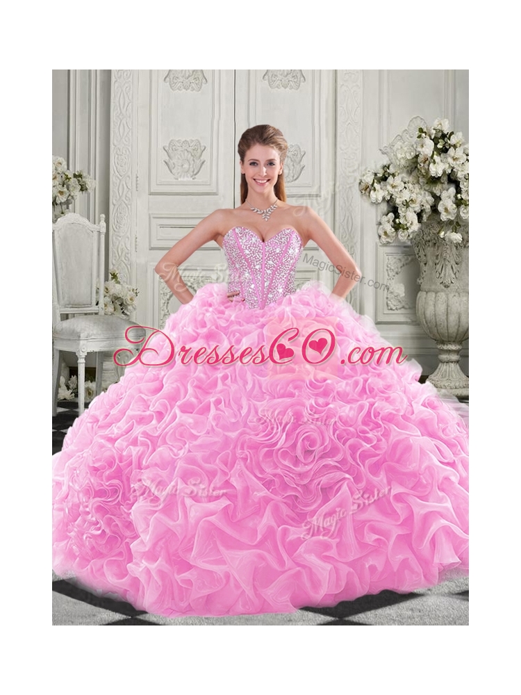 Cheap Visible Boning Beaded Bodice Fuchsia Quinceanera Gown with Ruffles