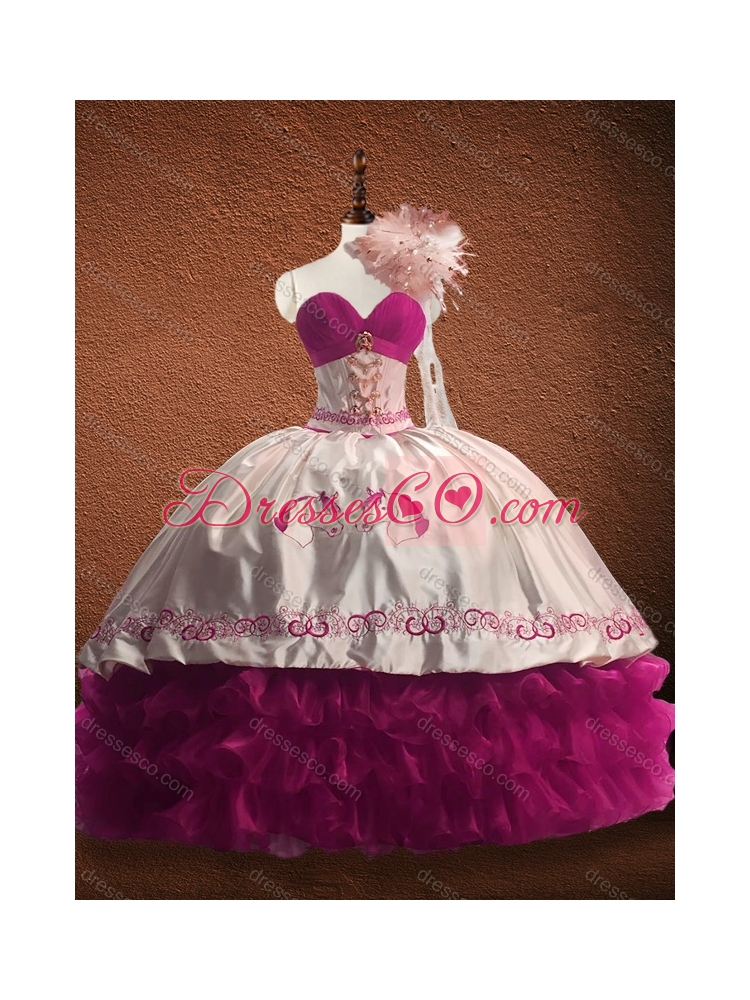 Customized Fuchsia and White Quinceanera Dress with Ruffled Layers and Pattern