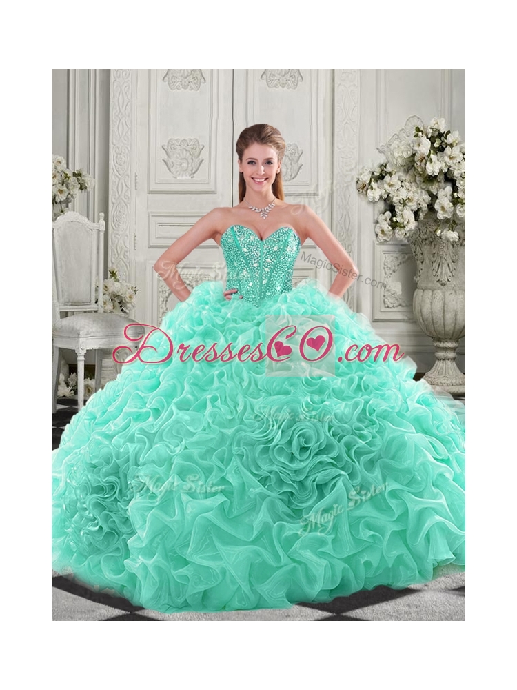 Pretty Puffy Skirt Visible Boning Apple Green Sweet Sixteen Dress with Beading and Ruffles