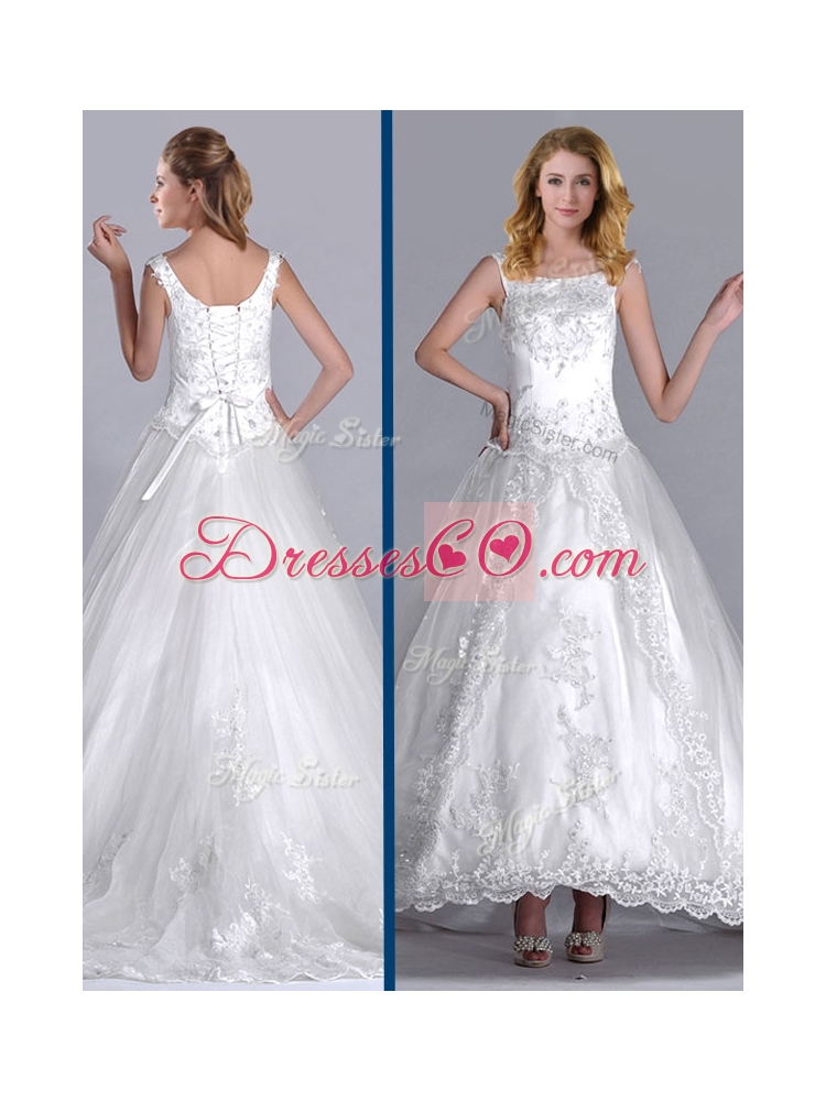 Elegant Scoop Brush Train Tulle Wedding Dress with Beading and Embroidery