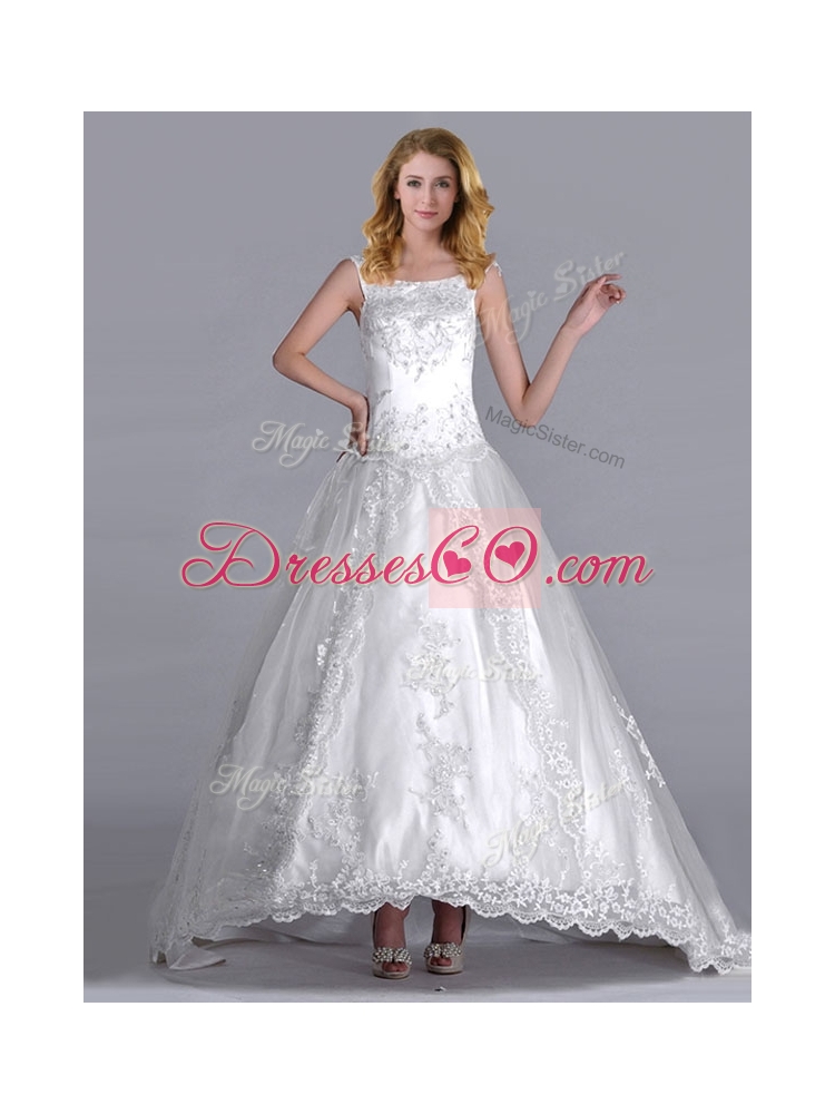 Elegant Scoop Brush Train Tulle Wedding Dress with Beading and Embroidery