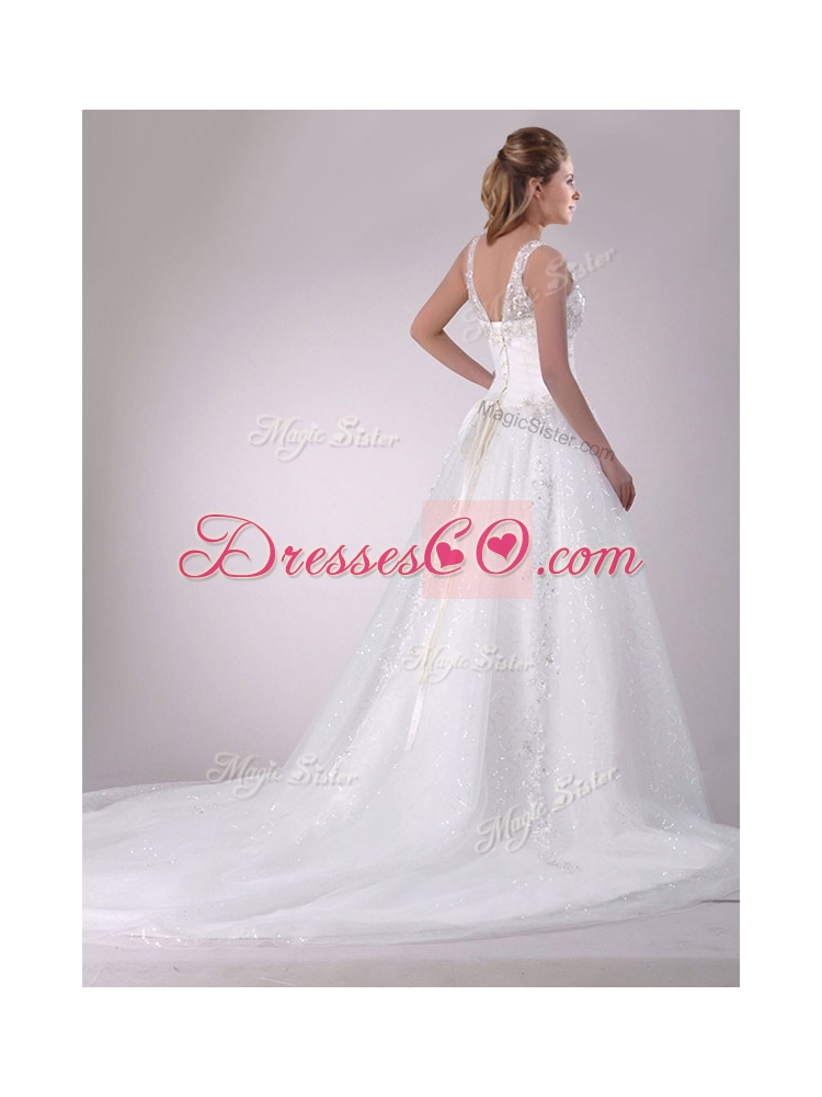 Beautiful A Line V Neck Court Train Bridal Dress with Beading and Sequins