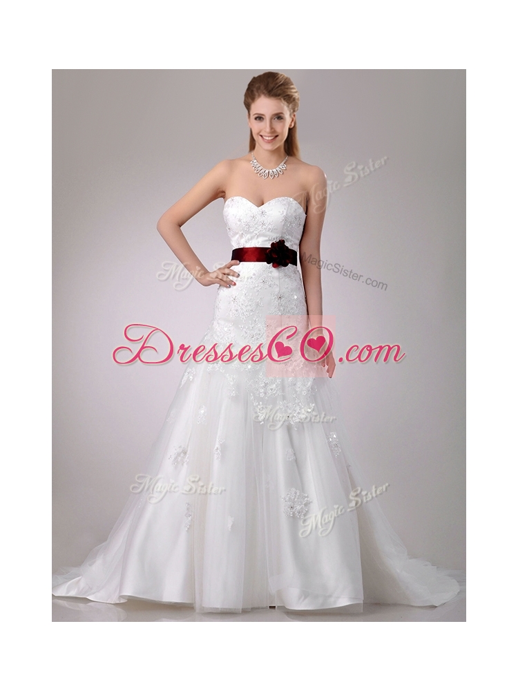 Decent A Line Brush Train Beaded and Applique Wedding Dress with Sash