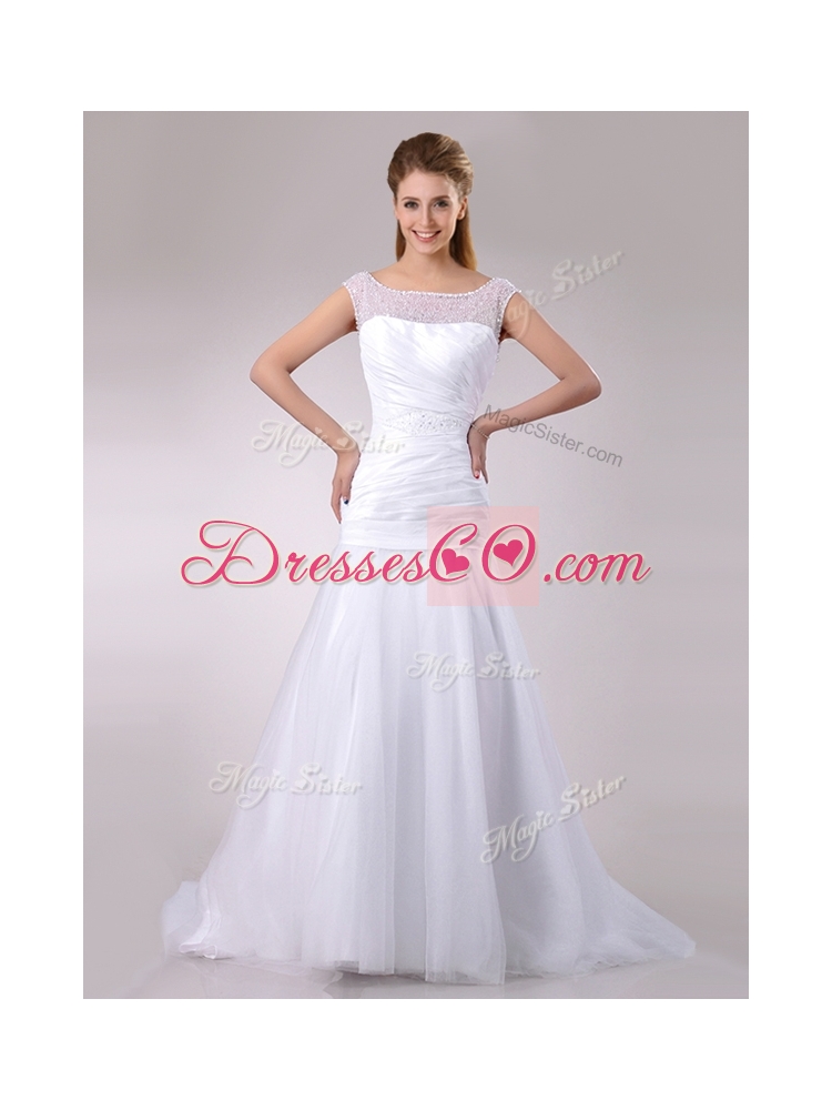 Discount Column Cap Sleeves Beaded and Ruched Wedding Dress in Tulle