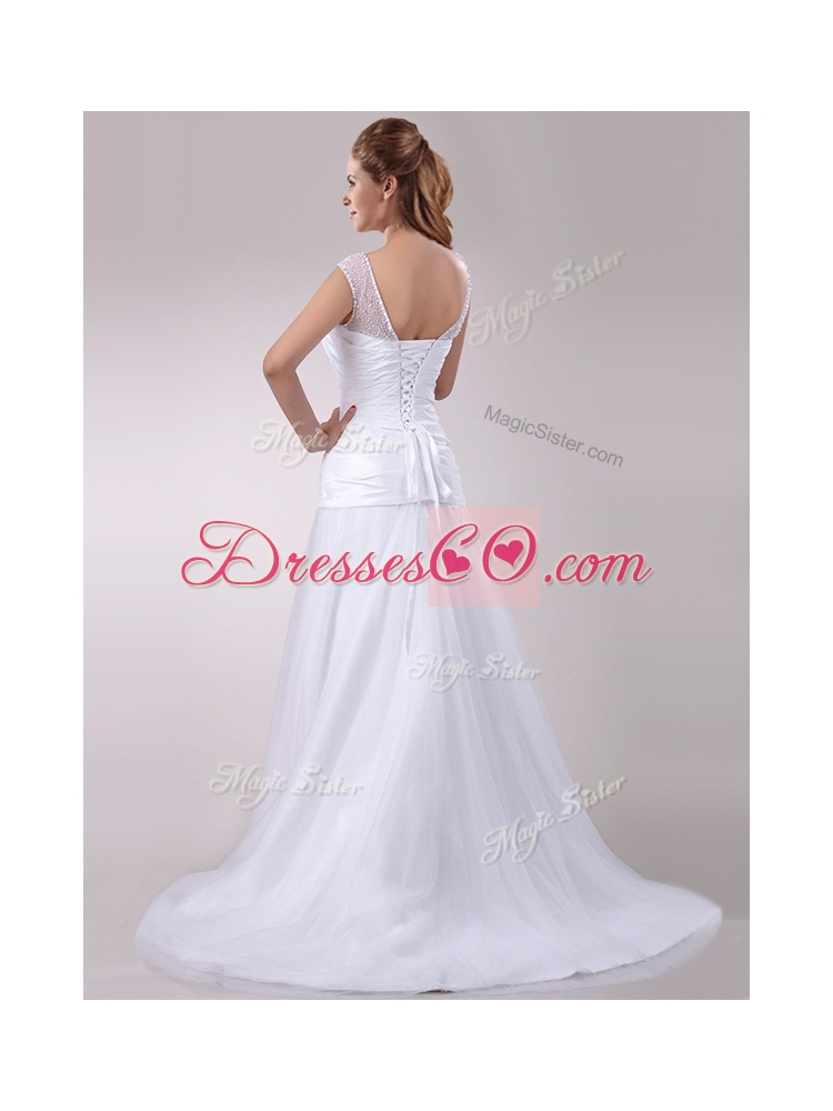 Discount Column Cap Sleeves Beaded and Ruched Wedding Dress in Tulle
