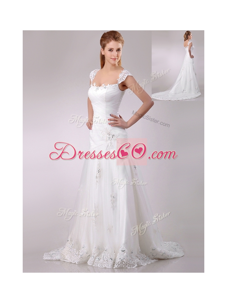 Discount Square Tulle Mermaid Brush Train Wedding Dress with Beading