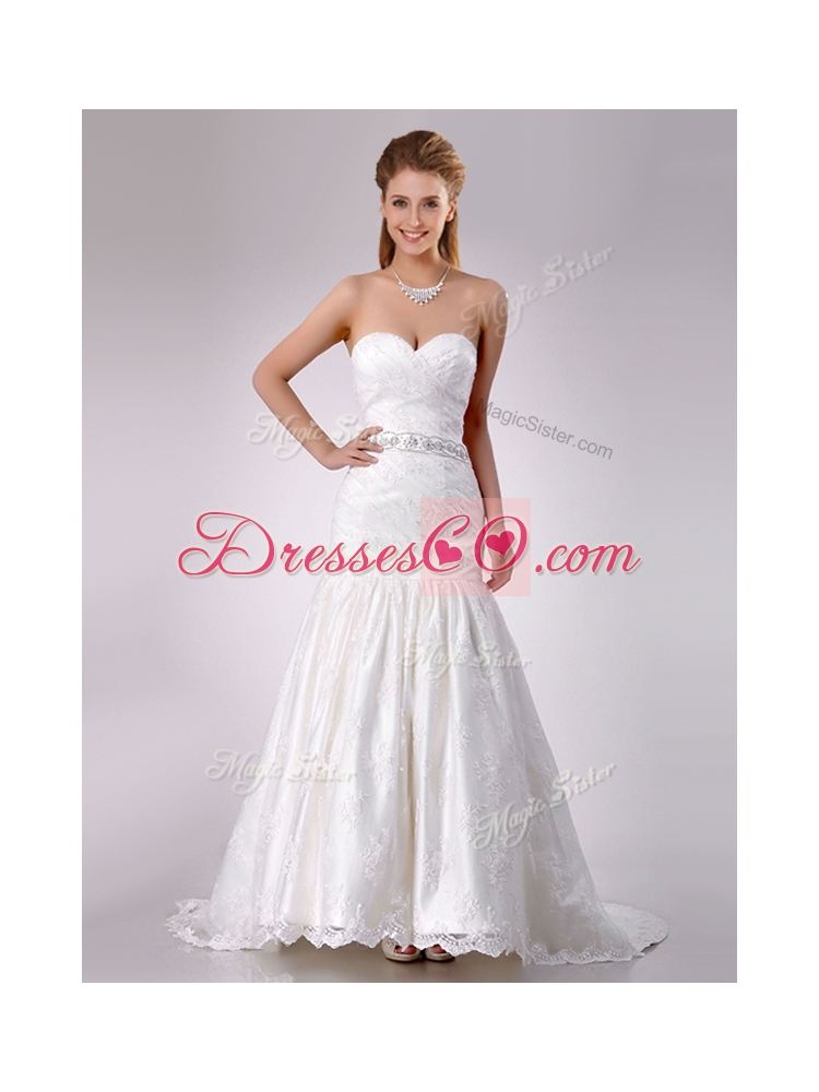 Elegant Mermaid Beaded and Bowknot Laced Wedding Dress with Brush Train