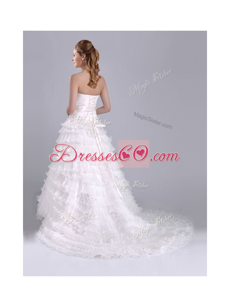 Elegant Princess Beaded and Ruffled Layers Bridal Dress with Court Train