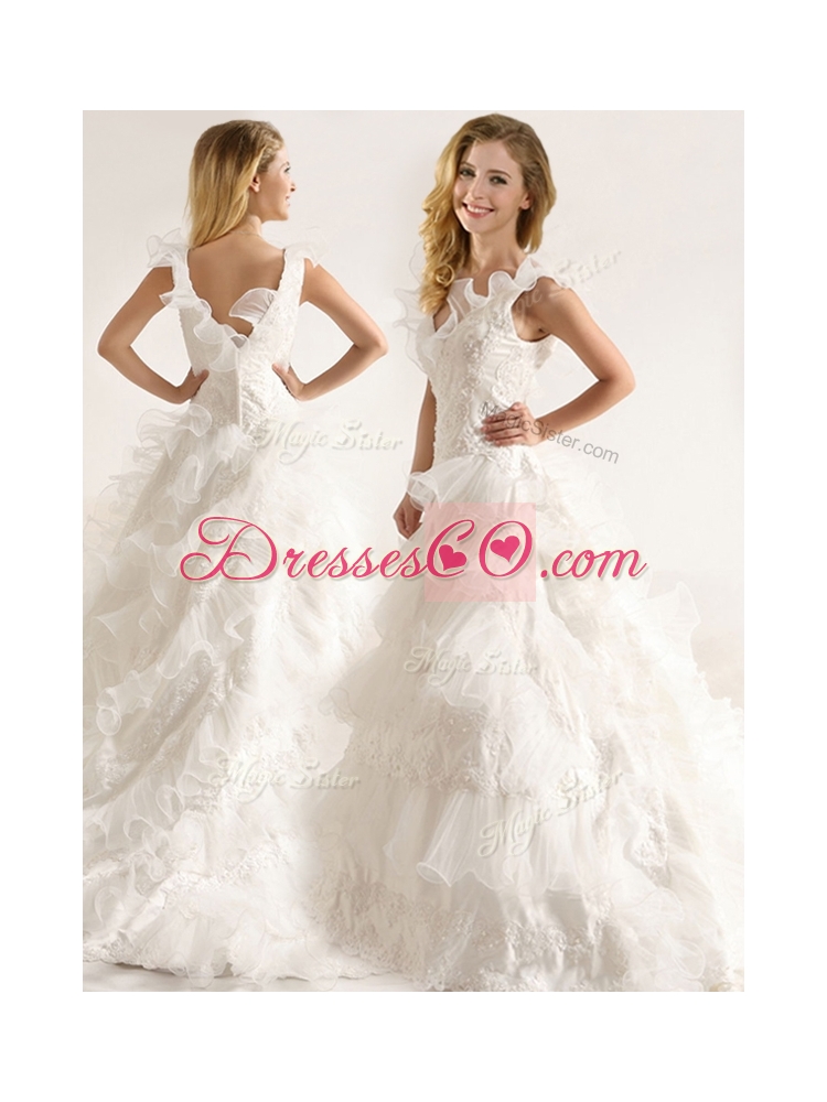 Fashionable Applique and Ruffled Layers Wedding Dress with Deep V Neck