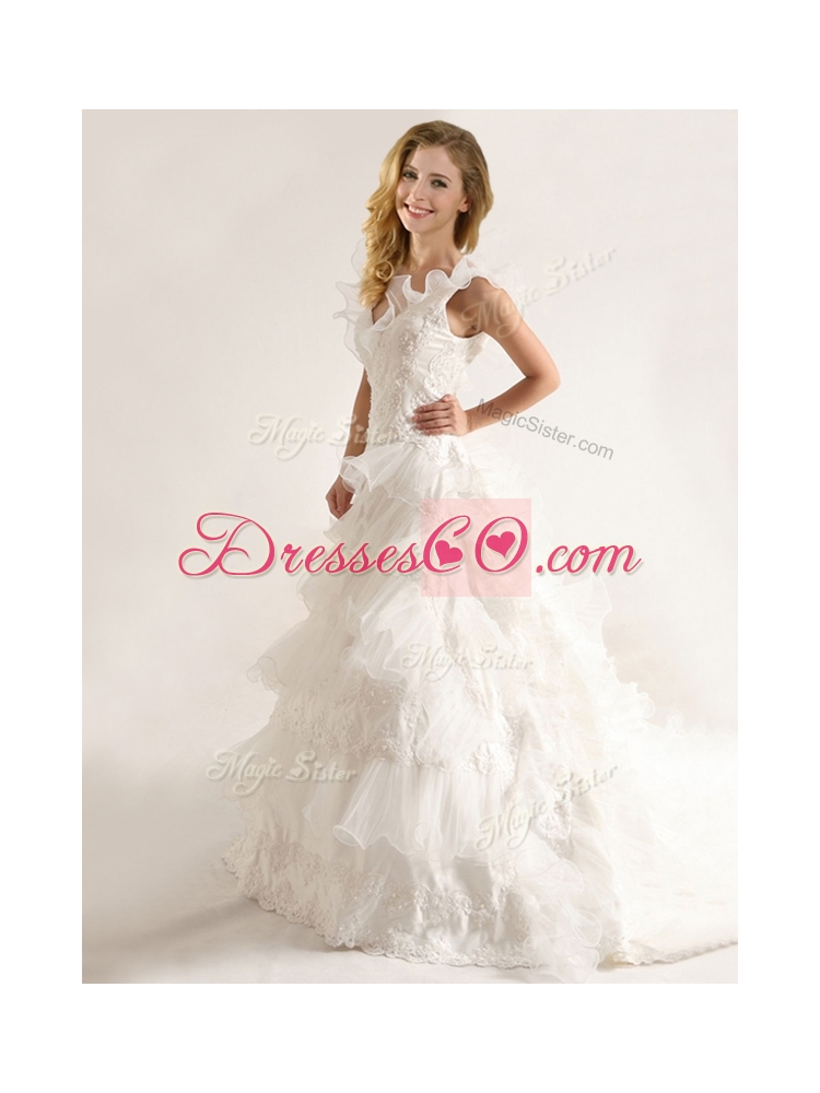 Fashionable Applique and Ruffled Layers Wedding Dress with Deep V Neck