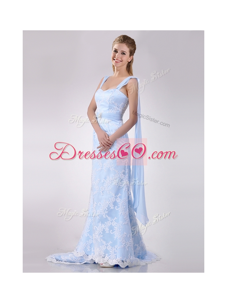 Gorgeous Mermaid Beaded and Laced Light Blue Wedding Dress with Brush Train