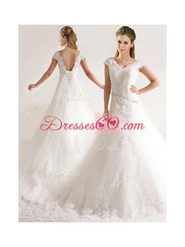 Romantic Laced and Applique Short Sleeves Wedding Dress with Court Train