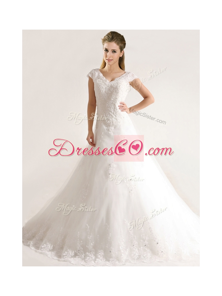 Romantic Laced and Applique Short Sleeves Wedding Dress with Court Train