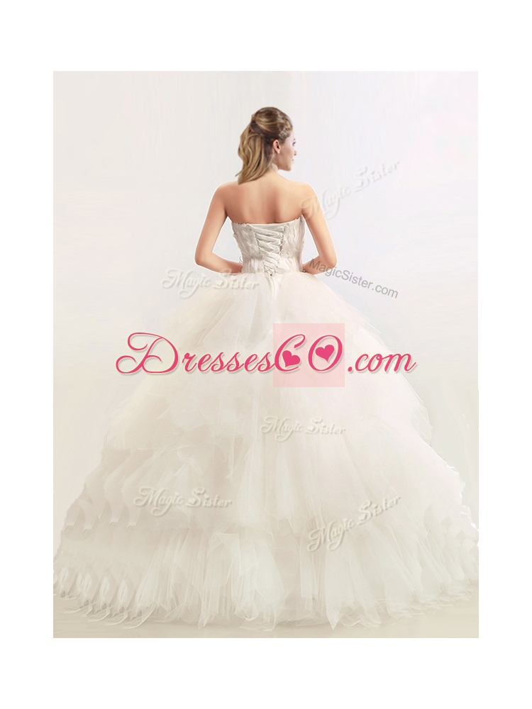 Sophisticated Strapless Feathered and Beaded Wedding Dress in Tulle