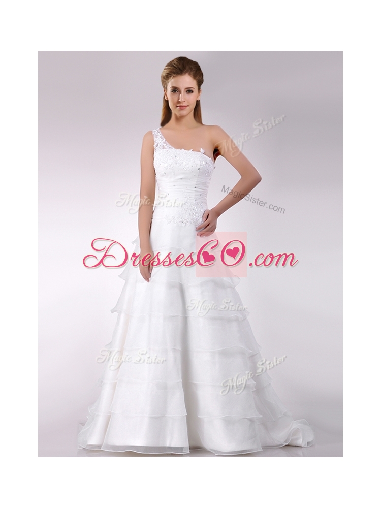 Top One Shoulder Beaded and Ruffled Layered Zipper Up Wedding Dress with Brush Train