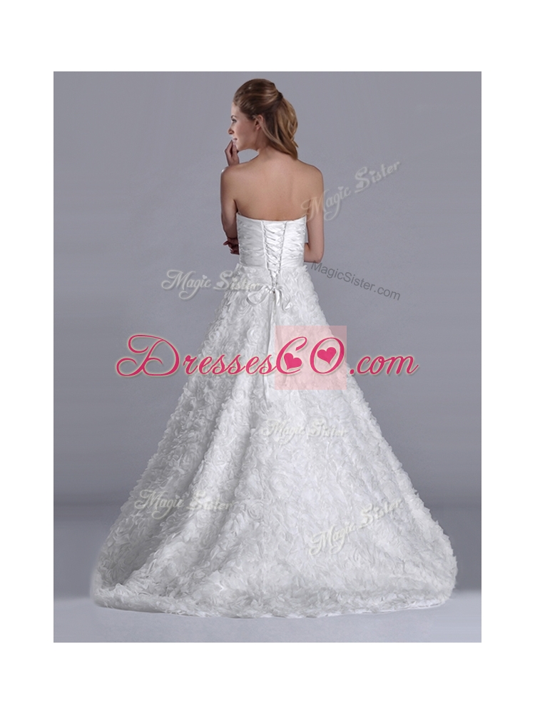 Affordable A Line Brush Train Ruched Wedding Gown with Rolling Flowers