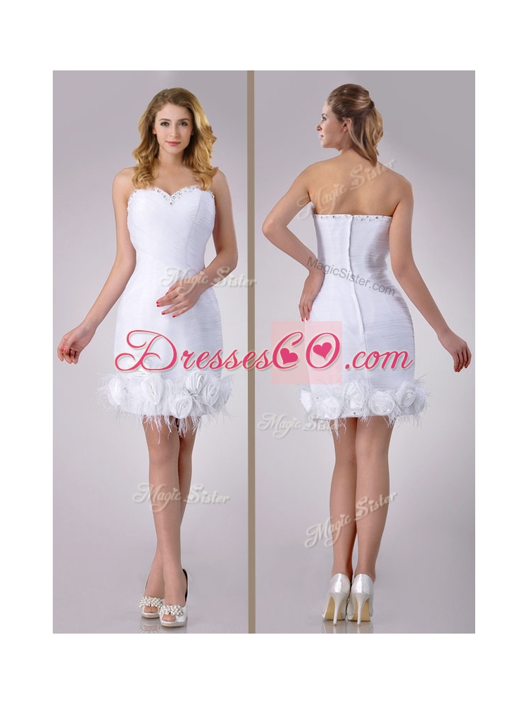 Beautiful Short Satin Wedding Dress with Beading and Rolling Flowers