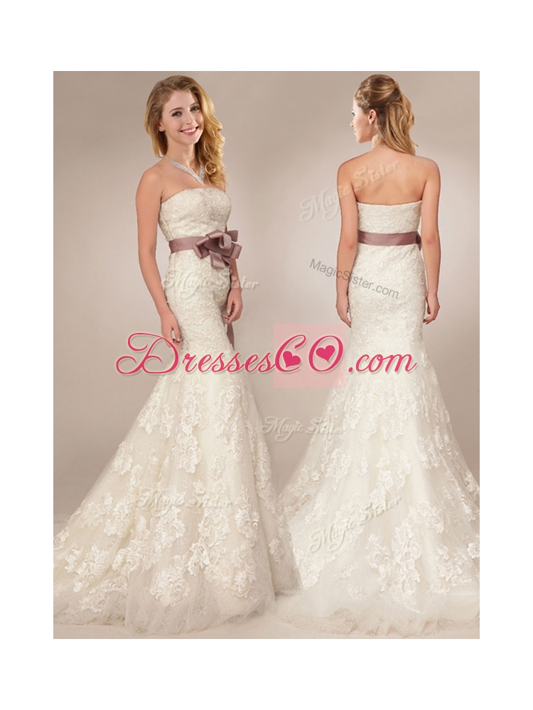 Classical Mermaid Strapless Side Zipper Wedding Dress with Lace and Sashes