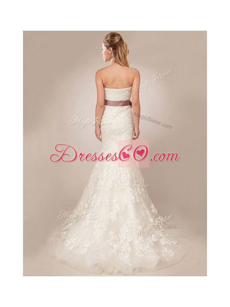 Classical Mermaid Strapless Side Zipper Wedding Dress with Lace and Sashes