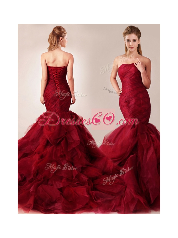 Classical Mermaid Tulle Ruffles Wedding Dress in Wine Red