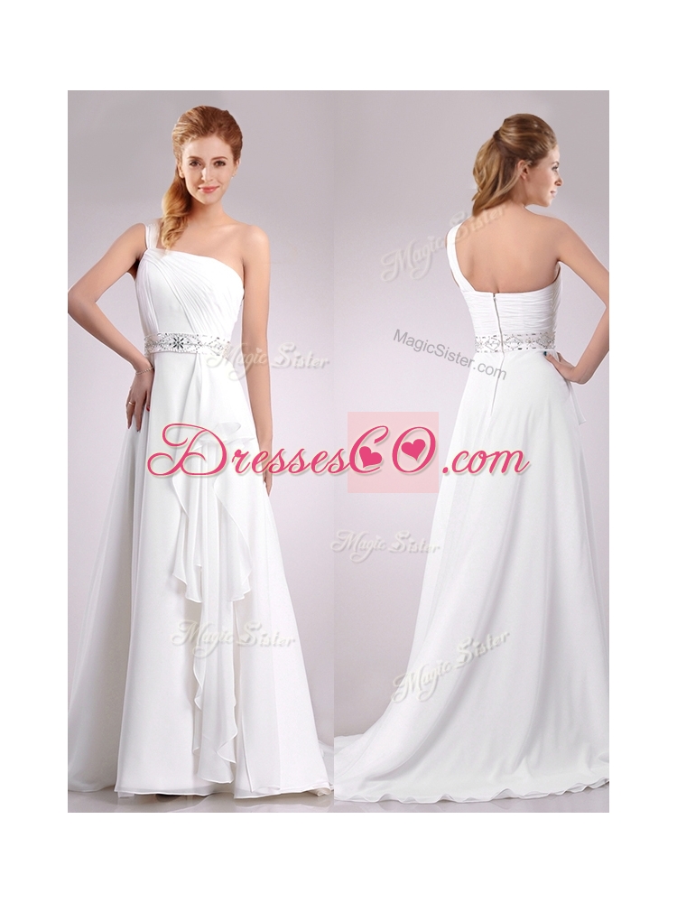 Delicate One Shoulder Brush Train Beaded Wedding Dress in Chiffon for