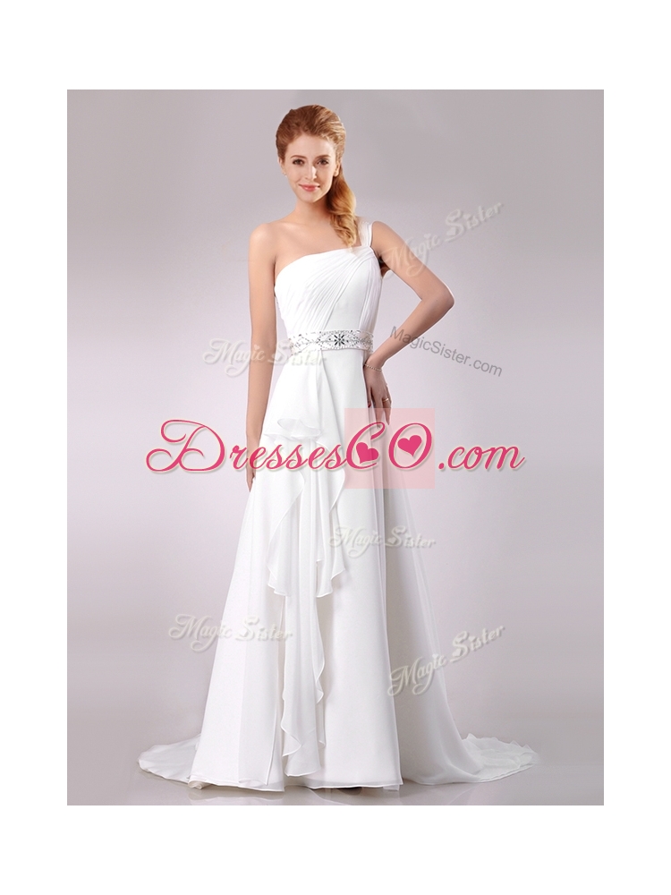 Delicate One Shoulder Brush Train Beaded Wedding Dress in Chiffon for