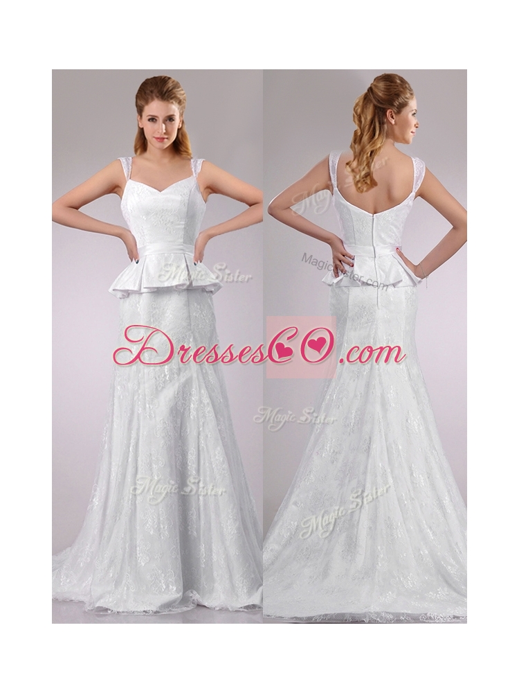 Fashionable Column V Neck Court Train Bridal Dress in Lace