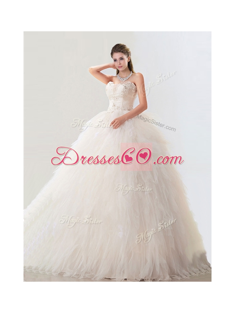 Fashionable Deep V Neckline Wedding Dress with Beading and Ruffles