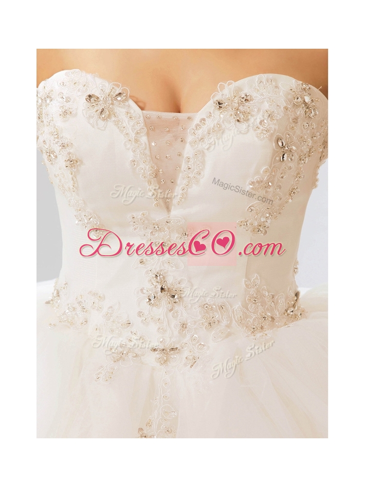 Fashionable Deep V Neckline Wedding Dress with Beading and Ruffles