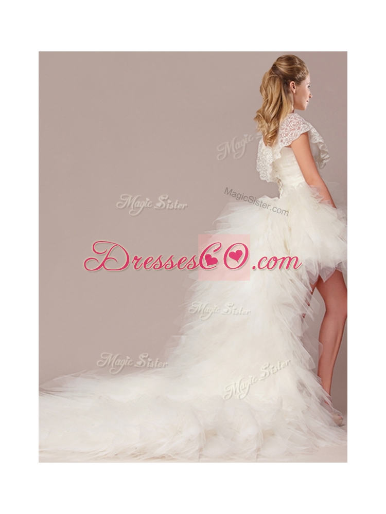 Fashionable High Low Detachable Wedding Dress with Lace and Ruffles