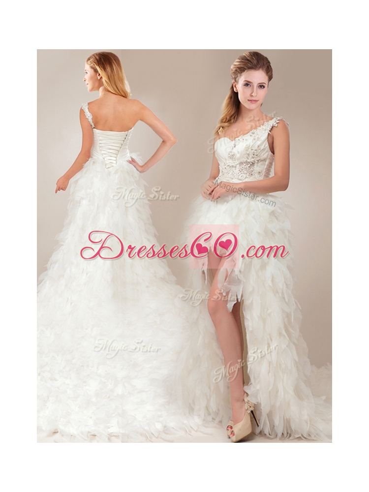 Fashionable One Shoulder High Low Wedding Dress with Ruffles and Appliques