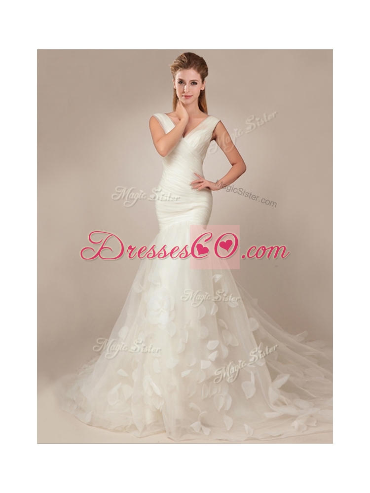 Flirting Fitted Mermaid Deep V Neckline Wedding Dress with Appilques and Ruching
