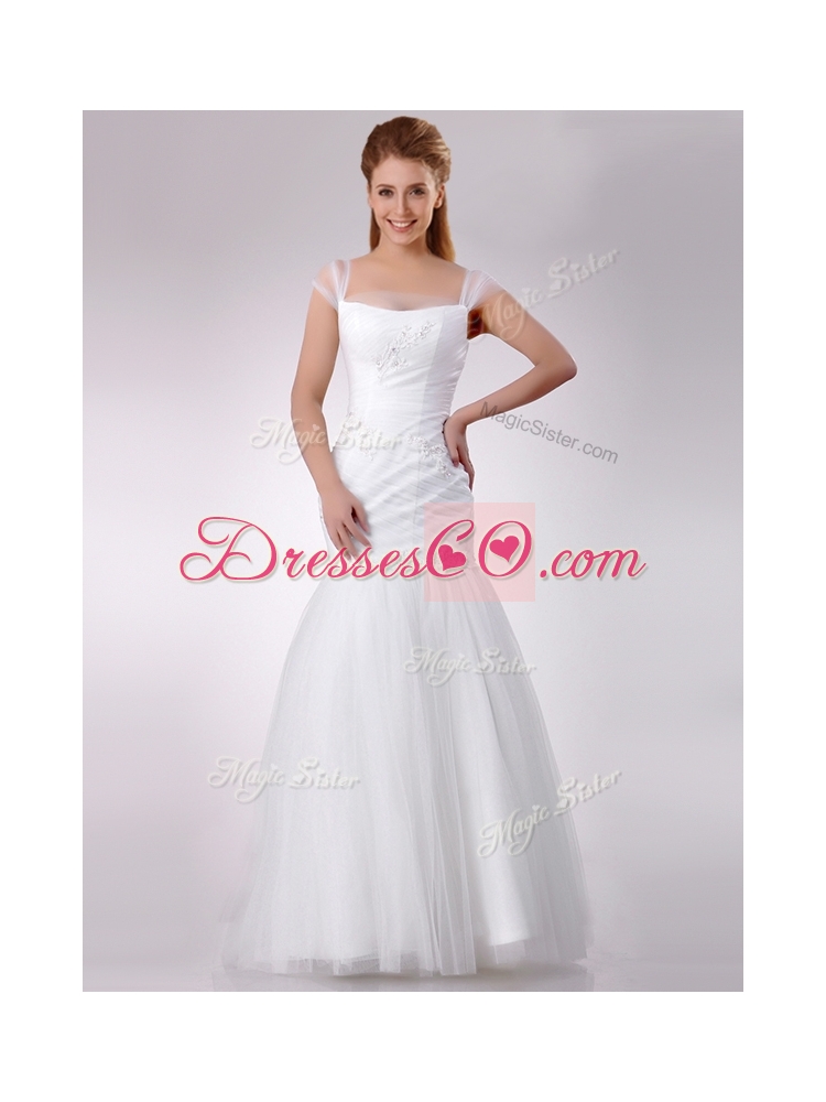 Gorgeous Square Mermaid Applique Side Zipper Wedding Dress in Tulle