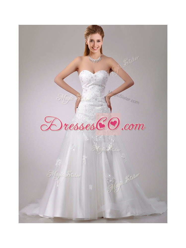 Latest Be-ribboned Beaded and Applique Wedding Dress with Brush Train
