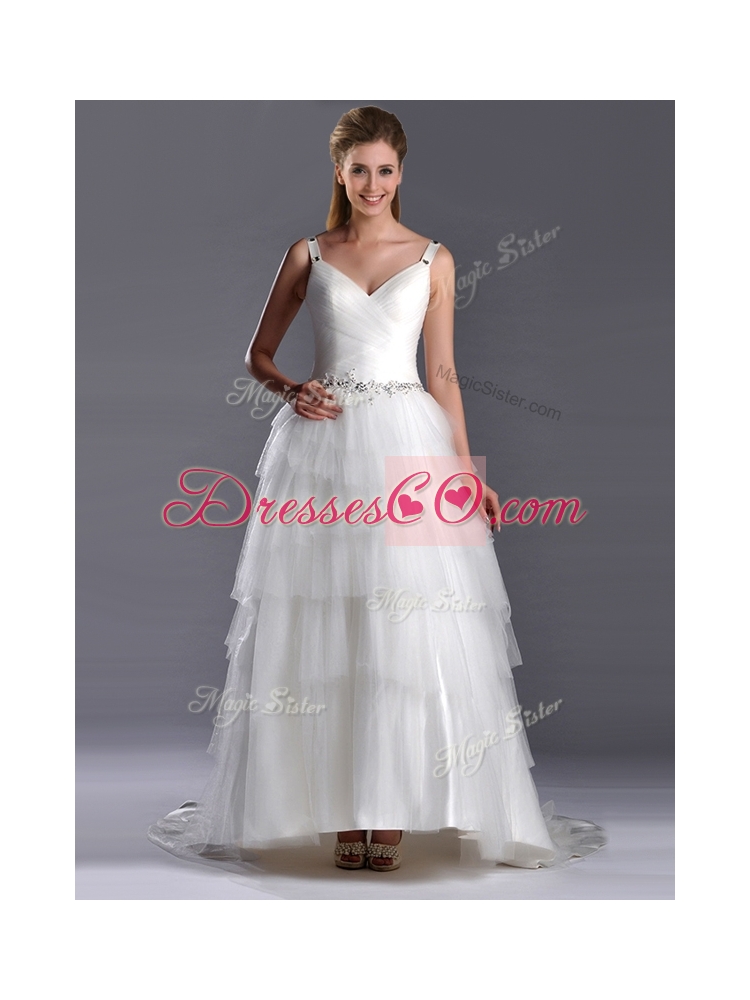 Latest Straps Princess Tulle Beaded Wedding Dress with Brush Train