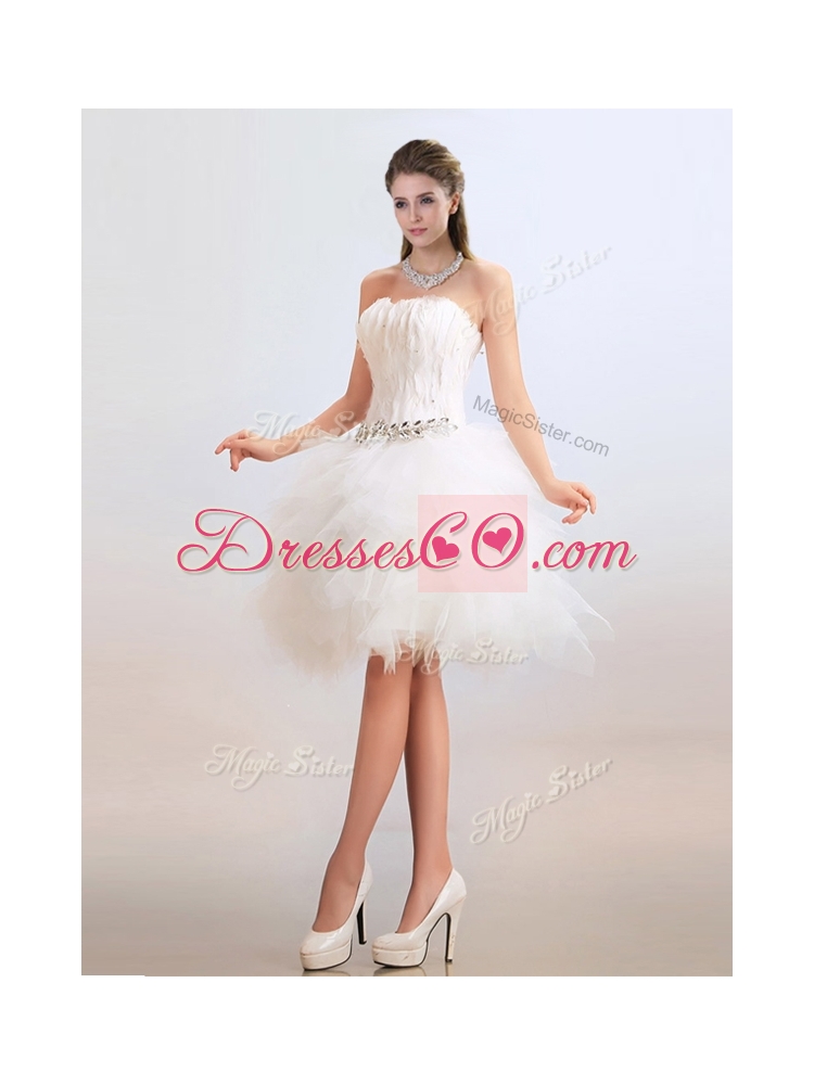 Lovely Ball Gown Short Wedding Dress with Feather and Beading