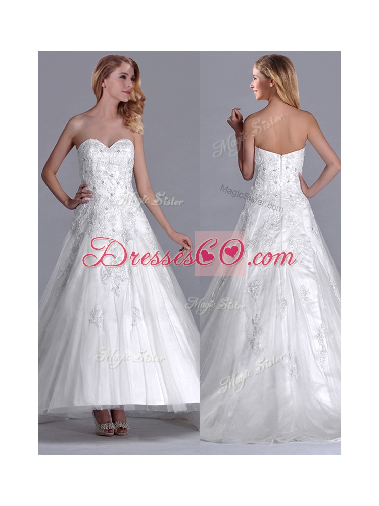 Popular A Line Brush Train Tulle Zipper Up Bridal Dress with Beading and Lace