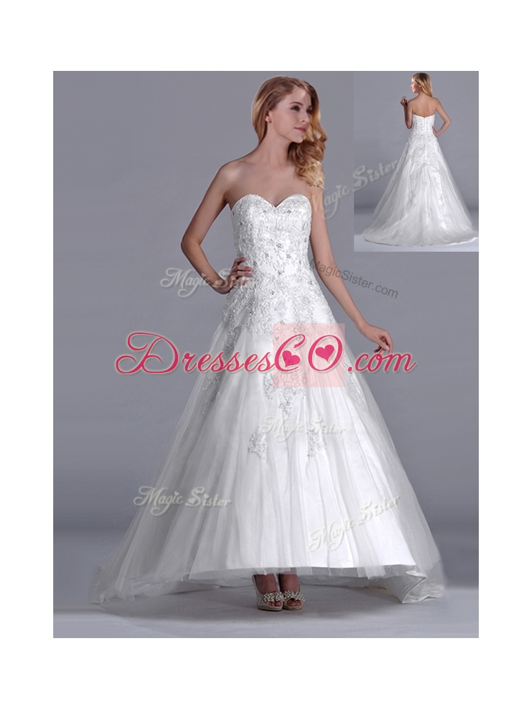 Popular A Line Brush Train Tulle Zipper Up Bridal Dress with Beading and Lace
