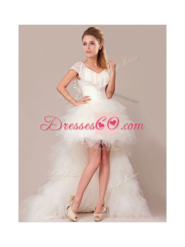 Popular Laced and Ruffled Detachable Wedding Dress with High Low